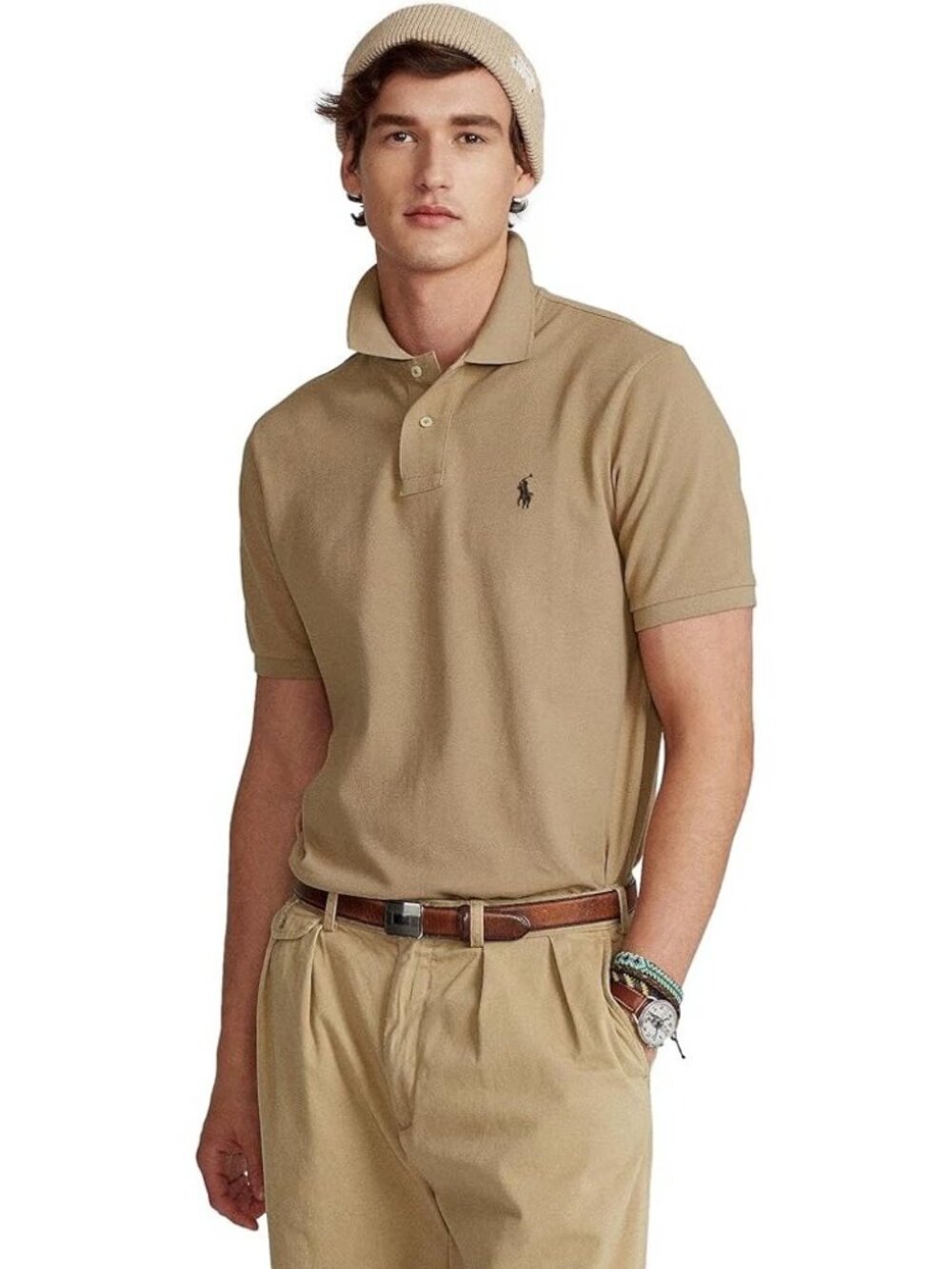 Polo Ralph Lauren Heather Beige S/S Polo Shirt Navy Logo Mens L 100% Cotton